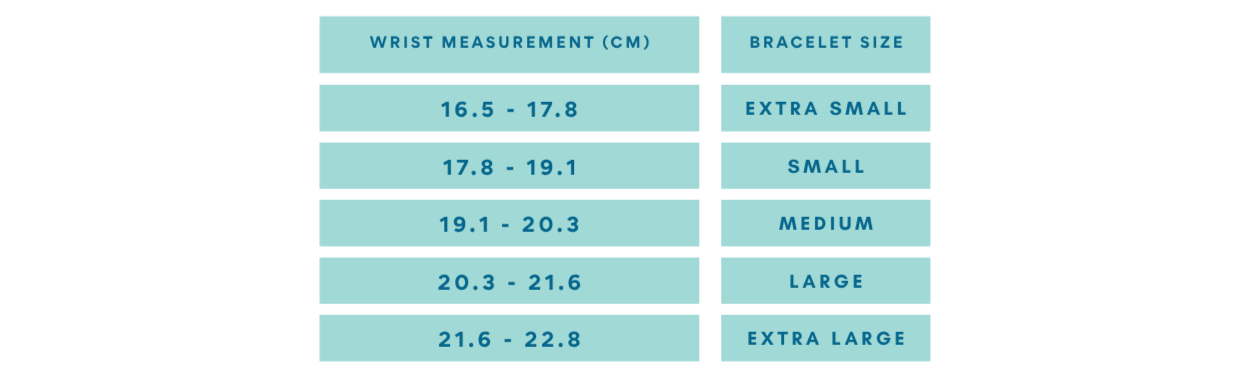 Bracelet size chart with wrist measurement ranges and corresponding bracelet sizes on a light blue background.